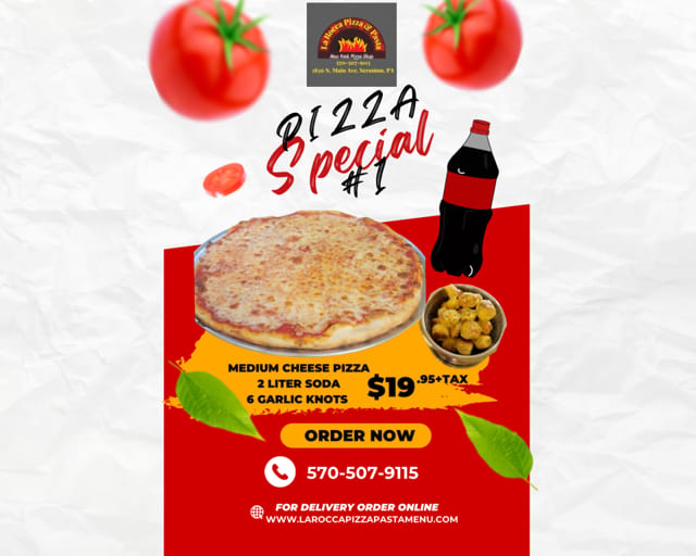 Pizza Special #1. Medium Cheese Pizza, Order of Garlic Knots & Soda.