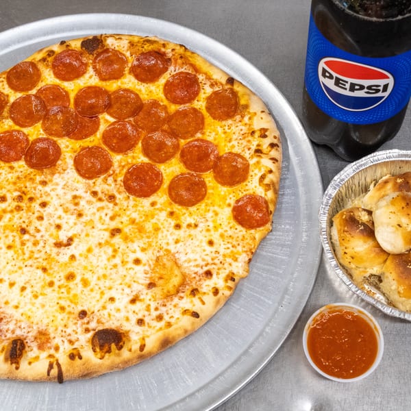 Pepperoni and cheese pizza, garlic knots with marinara, and a Pepsi bottle on a metal surface.