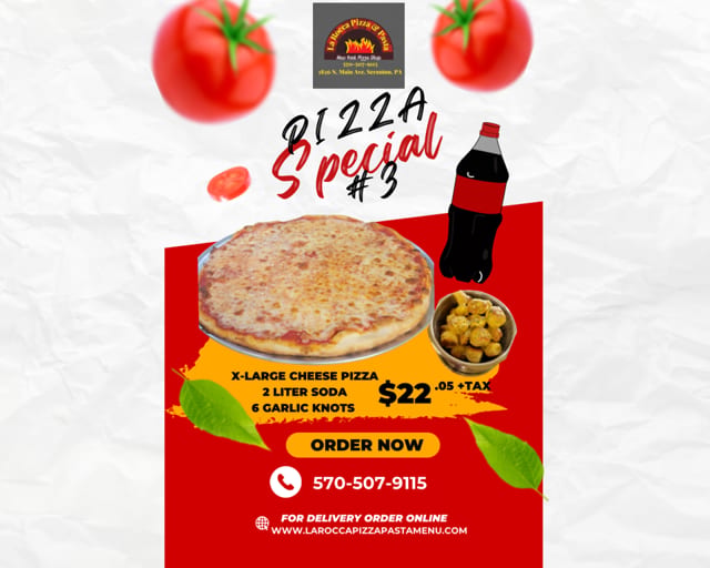 Pizza Special#3. X-Large Cheese Pizza, Order of Garlic Knots & Soda.
