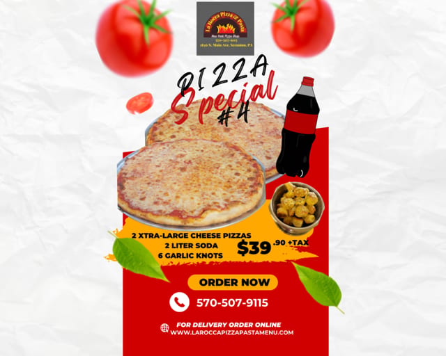 Pizza Special#4. 2 X-Large Cheese Pizzas, Order of Garlic Knots & Soda.