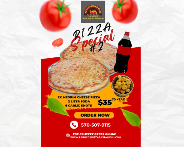 Pizza Special#2. 2Medium Cheese Pizzas, Order of Garlic Knots & 2-Liter Soda.