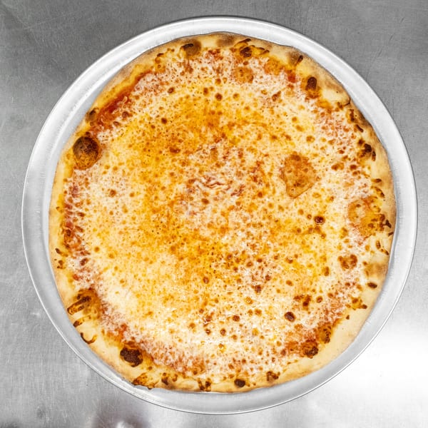 A freshly baked cheese pizza with a golden crust on a metal pan, viewed from above.