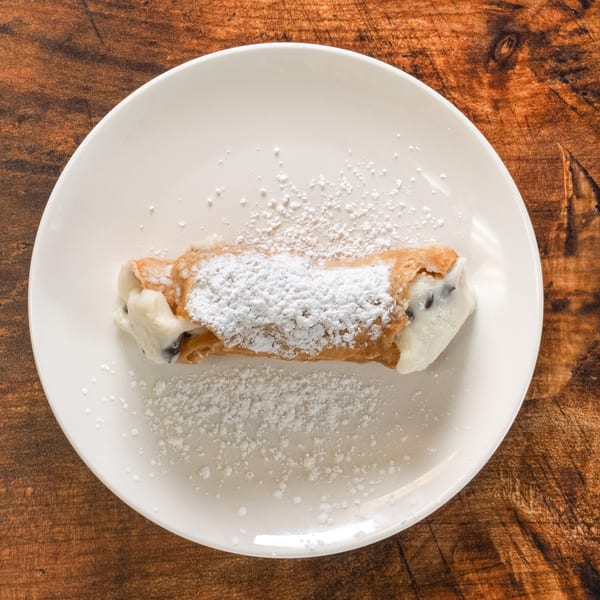 A single cannoli pastry, filled with cream and chocolate chips, dusted with powdered sugar on a white plate.