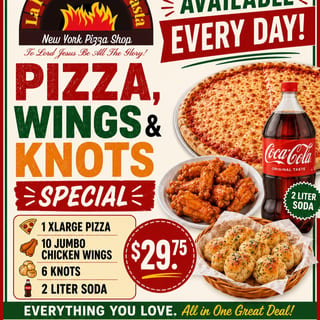 Pizza Special#5. X-Large Cheese Pizza, 10 Wings, Order of Garlic Knots & 2-Liter Soda
