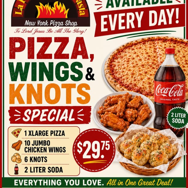 Pizza Special#5. X-Large Cheese Pizza, 10 Wings, Order of Garlic Knots & 2-Liter Soda.